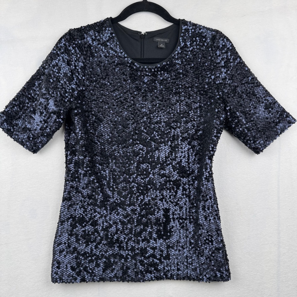Ann‎ Taylor Sequin Top XS Black & Blue Short Sleeve Party Sparkle Blouse